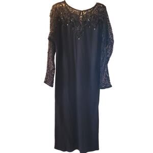 Whittall & Javits Black 100% Wool Beaded Lace Long Sleeve Midi Evening Dress S